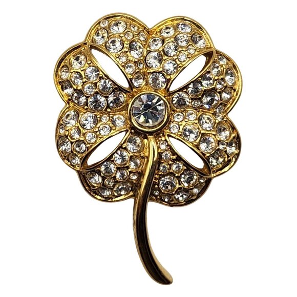 Vintage Swarovski Swan Signed Clover Brooch Gold Tone Rhinestone Shamrock Pin - Picture 3 of 7